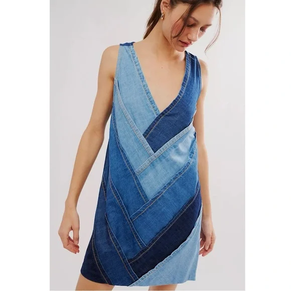 Free People Bohemian 70s Patches Of Denim Mini Dress XS NWT Patchwork Fall Retro - Picture 7 of 16